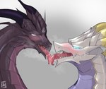 ambiguous_gender blush bodily_fluids duo feral french_kissing glowing glowing_eyes grey_background horn kissing saliva simple_background sweat tears tongue tongue_out exsys cygames dragalia_lost european_mythology mythology nintendo bahamut_(dragalia_lost) elysium_(dragalia_lost) dragon mythological_creature mythological_scalie reptile scalie western_dragon hi_res