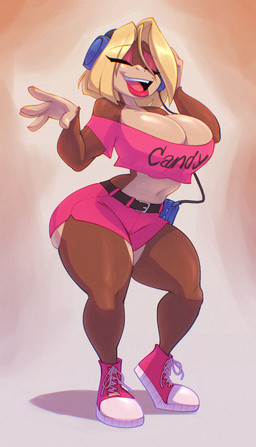 5_fingers anthro belt big_breasts black_belt blonde_hair bottomwear breasts brown_body brown_fur cleavage clothed clothing countershading electronics eyelashes eyelashes_through_hair eyes_closed eyeshadow female fingers footwear fur hair headphones hotpants lips listening_to_music makeup midriff music_player name_on_topwear navel open_mouth open_smile pink_bottomwear pink_clothing pink_eyeshadow pink_footwear pink_hotpants pink_shoes pink_shorts pink_sneakers shoes shorts smile sneakers solo tan_body tan_fur text text_on_clothing text_on_topwear thick_bottom_lip topwear translucent translucent_hair bigdad donkey_kong_(series) nintendo candy_kong haplorhine kong mammal monkey primate 2026