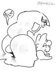 anthro balls big_butt blush blush_lines butt duo eyes_closed genitals looking_back male narrowed_eyes puddle tail tail_fetish tail_play tail_vore thick_tail thick_thighs vore sofmallow canid goo_creature hybrid mammal 2022 3:4 animated digital_media_(artwork) monochrome short_playtime signature