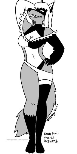 anthro breasts cleavage clothed clothed_anthro clothed_female clothing ear_tuft female fur grin hair leg_markings markings midriff navel smile socks_(marking) solo tail tuft tegerio rina_(runei) canid canine fox mammal 2024 greyscale hi_res monochrome herm_(lore)