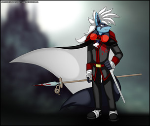 anthro black_border blood blood_stain blue_body blue_fur bodily_fluids border cape clothing footwear fur hair key lock long_tail male melee_weapon polearm purple_eyes shoes solo spear spikes spiky_hair tail weapon white_hair verona7881 castlevania konami nintendo pokemon generation_4_pokemon lucario pokemon_(species) crossover