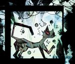 abstract_background ambiguous_gender black_body black_fur black_nose black_tail feral fur grey_body grey_fur grey_tail paws raised_paw red_sclera smile solo tail naircat domestic_cat felid feline felis mammal 2013 french_description