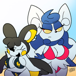 anthro anthrofied big_breasts bikini black_hair black_sclera blue_eyeshadow blue_hair breasts cleavage clothed clothing duo eyelashes eyeshadow female fur hair looking_at_viewer makeup neck_tuft one_eye_closed open_mouth pokemorph red_eyes swimwear tuft two-piece_swimsuit white_body white_eyes white_fur wink winking_at_viewer yellow_sclera unfortu-nate nintendo pokemon carmen_(unfortu-nate) selene_(unfortu-nate) emolga generation_5_pokemon generation_6_pokemon meowstic pokemon_(species) 1:1 2024 digital_media_(artwork) hi_res