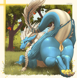 anus bedroom_eyes blue_body blue_eyes blue_wings braided_hair ears_flat female female_feral feral flower folded_wings genitals grass group hair horn looking_at_viewer narrowed_eyes outside pawpads plant presenting presenting_anus presenting_vulva raised_tail seductive tail tree vulva wings yellow_pawpads cannibalistic_tendencies mythology arthropod butterfly dragon insect lepidopteran mythological_creature mythological_scalie scalie hi_res