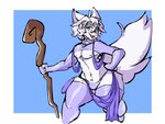 anthro clothing collar hand_on_hip legwear magic_user male nipples open_mouth panties solo staff tail thick_thighs thigh_highs underwear pokebraix canid canine mammal 4:3 hi_res