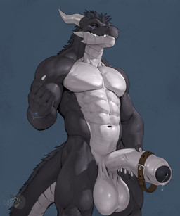 abs anthro balls beckoning belt big_balls big_penis blue_background bodily_fluids collar collar_on_penis countershade_face countershade_neck countershade_torso countershading foreskin genital_fluids genitals gesture holding_penis humanoid_genitalia humanoid_penis male mane muscular muscular_male navel nude pecs penis precum presenting presenting_penis simple_background smile smirk smug solo standing tail panpy_draws mythology azdor dragon mythological_creature mythological_scalie scalie hi_res
