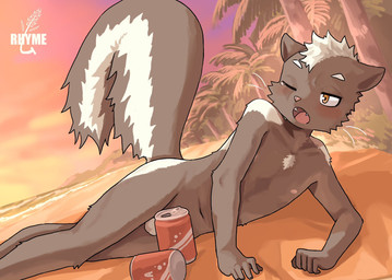 adolescent anthro balls beach beverage beverage_can black_body black_fur blush fur genitals kemono male multicolored_body multicolored_fur nipples nude nude_anthro nude_male one_eye_closed open_mouth outside palm_tree pink_nose plant sea soda solo sunset tree two_tone_body two_tone_fur water white_body white_fur yawn young young_anthro young_male beegoma mammal mephitid skunk 2023 hi_res
