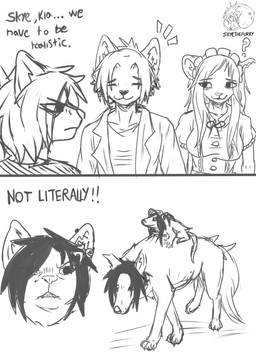 black_hair black_nose clothing dialogue female feral fur group hair maid_uniform male tail text uniform allartskye evelyne_(allartskye) kia_(allartskye) skye_(allartskye) american_opossum canid canine canis domestic_cat felid feline felis mammal marsupial wolf comic english_text hi_res meme monochrome sketch