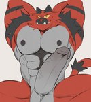 balls bodily_fluids genitals humanoid_genitalia humanoid_penis male muscular muscular_male nipples penis solo sweat ryandidindoome nintendo pokemon felid feline generation_7_pokemon incineroar mammal pokemon_(species) hi_res