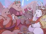 anthro belly blue_eyes blush brown_body brown_fur clothing eyes_closed female fur group male outside overweight overweight_male robe sitting white_body white_fur dv-ch sdorica crushfang_(sdorica_sunset) dagger_(sdorica_sunset) dumb_bear_soldier bear mammal polar_bear ursine 2019 hi_res