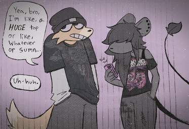 anthro beanie black_clothing black_shirt black_t-shirt black_tank_top black_topwear cellphone clothing dialogue dipstick_tail duo ear_piercing ear_stud electronics female fur grey_body grey_fur grey_hair hair hand_in_pocket hands_in_both_pockets hat headgear headwear holding_cellphone holding_object holding_phone holding_smartphone humanoid_hands long_hair long_sleeve_shirt looking_away male markings off-shoulder_top phone piercing pockets shirt smartphone speech_bubble t-shirt tail tail_markings talking_to_another talking_to_partner tan_body tan_fur tank_top text topwear white_clothing white_shirt white_topwear critteremitter asking_alexandria critter_(critteremitter) travis_(critteremitter) mammal murid murine rat rodent 2025 digital_media_(artwork) digital_painting_(artwork) english_text hi_res painting_(artwork) traditional_media_(artwork) trans_(lore) trans_woman_(lore)