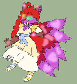 5_tails ahoge big_hair blue_clothing blue_footwear blue_socks brown_body brown_ears brown_fur chest_tuft clothing dress fangs footwear fur glowing glowing_ears glowing_eyes glowing_markings glowing_tail green_eyes hair heterochromia inner_ear_fluff legwear looking_at_viewer markings multi_tail pattern_clothing pattern_footwear pattern_legwear pattern_socks pink_body pink_fur pink_tail purple_inner_ear purple_inner_ear_fluff purple_tail red_hair sabertooth_(anatomy) socks striped_clothing striped_footwear striped_socks stripes tail tan_clothing tan_socks teeth tuft white_clothing white_footwear white_socks yellow_clothing yellow_eyes yellow_footwear yellow_socks robynsnowyfoxxo robyn_(robynsnowyfoxxo) canid canine felid fox hybrid mammal prehistoric_species saber-toothed_tiger 2020 demigirl_(lore) nonbinary_(lore) trans_(lore) trans_woman_(lore)
