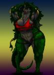 anthro big_breasts breasts cleavage clothed clothing female fur green_body green_fur hair horn huge_breasts markings muscular muscular_anthro muscular_female solo teeth thick_thighs tongue tongue_out torn_clothing skygga hyde absurd_res hi_res