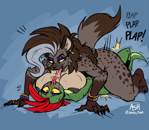 anthro anthro_on_anthro anthro_penetrated anthro_penetrating anthro_penetrating_anthro areola big_breasts big_butt blue_background blush blush_lines breasts brown_hair brown_spots butt cheek_tuft dominant dominant_anthro dominant_female eyelashes eyeshadow facial_tuft fangs female female_penetrated freckled_butt freckled_face freckled_shoulders freckles french_kissing fur gem glistening_eyelids green_body green_scales grey_areola grey_body grey_fur grey_highlights grey_nipples hair half-closed_eyes highlights_(coloring) huge_breasts jewelry kissing licking_tongue long_eyelashes makeup male male/female male_penetrating male_penetrating_female markings mohawk motion_lines narrowed_eyes necklace nipples onomatopoeia open_mouth open_smile pearl_(gem) pearl_necklace penetration penile penile_penetration penis_in_vagina piercing plap purple_eyeshadow red_hair scales sex simple_background smile sound_effects spots spotted_arms spotted_body spotted_butt spotted_face spotted_fur spotted_hips spotted_legs spotted_markings spotted_shoulders spotted_thighs submissive submissive_anthro submissive_male teeth text thick_thighs tongue tongue_out tuft vaginal vaginal_penetration wide_hips yellow_sclera ghastlygh ash_(g-h-) eliz_(g-h-) gecko hyena lizard mammal reptile scalie spotted_hyena english_text hi_res nonbinary_(lore)