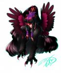 4_toes big_breasts black_body black_fur black_hair breasts clothed clothing colored_nails feathered_wings feathers feet female fur hair horn long_hair midriff nails navel pink_nails purple_wings solo talons toes wings zipper karatachi humanoid unknown_species 2017 signature