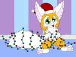 amber_fur anthro big_eyes christmas_lights cute_fangs fangs fluffy fluffy_chest fluffy_tail male neck_tuft pawpads solo tail teeth tuft wrapped coelhoposa_(artist) romeo_(coelhoposa) canid canine fennec_fox fox hybrid lagomorph leporid mammal rabbit true_fox digital_media_(artwork) hi_res