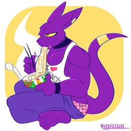 anthro chopsticks clothing food fur hairless male muscular muscular_male noodles ramen shirt simple_background solo tank_top topwear underwear fizzyjay dragon_ball dragon_ball_super beerus domestic_cat felid feline felis hairless_cat mammal sphynx_(cat) 1:1 digital_media_(artwork) hi_res