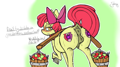 anatomically_correct anatomically_correct_genitalia animal_genitalia animal_vulva anus blush bodily_fluids bow_tie breasts butt cheek_tuft clitoral_winking clitoris cutie_mark darkened_genitalia dock_(anatomy) equine_anus equine_genitalia equine_vulva facial_tuft female feral fetlocks fur genital_fluids genitals hair nipples nude open_mouth simple_background small_teats solo tail teats text tuft vaginal_fluids vulva young johrnyreport friendship_is_magic hasbro my_little_pony apple_bloom_(mlp) earth_pony equid equine horse mammal pony 16:9 digital_media_(artwork) hi_res widescreen