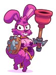 anthro barefoot big_breasts black_eyes bottom_heavy breasts buckteeth cheek_tuft clothing eyelashes facial_tuft feet female front_view fur head_tuft holding_object holding_plunger holding_shield looking_at_viewer one_ear_up pasties pink_body pink_fur purple_body purple_clothing purple_fur purple_nose shield short_stack simple_background solo teeth thick_thighs tuft white_background wide_hips solointerrobang lagomorph leporid mammal rabbit hi_res