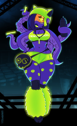 6_arms abstract_background black_collar black_hair black_lips bottomwear bra breasts can cleavage clothed clothing collar container denim denim_bottomwear denim_clothing denim_shorts ear_piercing eyebrows eyelashes female fishnet_clothing fishnet_legwear front_view glowstick glowstick_bracelet green_bottomwear green_bra green_clothing green_helmet green_lips green_shorts green_underwear hair hair_over_eye holding_can holding_container holding_glowstick holding_object hotpants humor kiss_mark legwear lips midriff mole_on_cheek multi_arm multi_limb navel navel_piercing open_mouth piercing pun purse shorts skimpy solo standing tentacle_arms text text_on_bra text_on_clothing text_on_underwear thick_lips thick_thighs underwear visor white_eyes wide_hips lobsteritus ayo_(lobsteritus) animal_humanoid cephalopod cephalopod_humanoid humanoid marine marine_humanoid mollusk mollusk_humanoid octopus_humanoid 2025 clip_studio_paint_(artwork) dated digital_media_(artwork) english_text full-length_portrait hi_res portrait signature