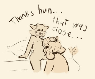 annoyed anthro curly_hair dialogue duo eyes_closed genitals hair holding_head humor lying male male/male nipples nub_tail nude on_back oral oral_penetration penetration penile penile_penetration penis penis_in_mouth relaxing relieved silly thanking goopystem_(artist) kipper_(goopystem) bovid bovine cattle felid feline mammal