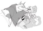anthro arm_wrapping arm_wraps blush bottomwear breasts chain cheek_tuft claws cloak clothing dress duo eyes_closed facial_markings facial_tuft female fluffy fuzzy hair hand_on_belly head_markings holding_object holding_weapon horn kiss_on_lips kissing knife_play larger_male male male/female markings mask_(marking) nails neck_tuft on_lap pants poncho short_dress short_hair sickle simple_background sitting size_difference smaller_female smile smirk tail tuft weapon white_background wrapped_arms wraps jacqui_clk dreamworks puss_in_boots_(franchise) death_(puss_in_boots) fan_character canid canine canis demon humanoid mammal wolf hi_res monochrome