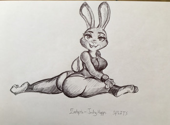 anthro big_breasts breasts buckteeth butt clothed clothing female flexible leotard open_mouth solo splits spread_legs spreading teeth thick_thighs pikapika212 disney zootopia judy_hopps lagomorph leporid mammal rabbit 2019 traditional_media_(artwork)