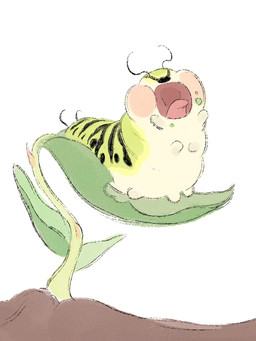 2_antennae 4_arms black_ambiguous_fluids black_nose blush blush_stickers countershading dirt eyebrows eyeless featureless_feet featureless_hands feet feral food_on_face green_body multi_arm multi_limb open_mouth overweight pink_blush plant screaming simple_background solo standing striped_body stripes tongue white_background white_body white_countershading young young_feral radically_napping disney hoppers_(disney) pixar titus_(hoppers) arthropod caterpillar insect larva 2026 digital_media_(artwork) hi_res