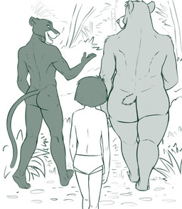 4_toes 5_fingers age_difference anthro barazoku barefoot big_butt black_body black_fur butt butt_size_difference casual_nudity clothed clothing feet fingers fluffy fluffy_tail forest fur grass grey_body grey_fur group humanoid_hands jungle larger_anthro larger_male long_tail male mature_anthro mature_male melanistic nature nude nude_anthro nude_male older_anthro older_male open_mouth open_smile outside path paws plant rear_view round_ears short_tail shrub size_difference slightly_chubby slightly_chubby_anthro slightly_chubby_male smaller_anthro smaller_male smile snout social_nudity tail tail_size_difference thin_tail toes topless topless_human topless_male tree walking young young_human young_male younger_human younger_male redout disney the_jungle_book bagheera_(jungle_book) baloo mowgli bear felid human mammal pantherine sloth_bear ursine absurd_res digital_drawing_(artwork) digital_media_(artwork) hi_res monochrome