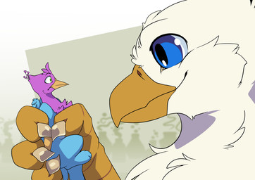 avian_feet beak blue_body feathered_crest feathered_wings feathers feral grabbing green_eyes head_crest male micro paws pink_body quadruped size_difference tail tail_tuft tuft wings ashley-arctic-fox mythology der gyro_feather avian bird galliform gryphon mythological_avian mythological_creature peafowl phasianid absurd_res hi_res