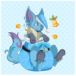 ambiguous_gender bell big_diaper blue_body blue_fur blue_nose blue_tail border bow_ribbon christmas_clothing christmas_headwear christmas_stocking clean_diaper clothed clothing diaper dipstick_tail dotted_background facial_markings feral fur hat head_markings headgear headwear holidays markings one_eye_closed open_mouth open_smile pattern_background purple_body purple_fur purple_inner_ear purple_tail_tip santa_hat simple_background sitting smile snaggle_tooth solo tail tail_markings text wearing_diaper white_border jupiters christmas whisper_(nekonekodiamata) canid canine fennec_fox fox mammal spirit true_fox 1:1 character_name hi_res