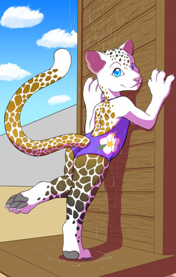 4_fingers 4_toes against_surface against_wall anthro backless_clothing backless_swimsuit bathing blue_eyes clothing day detailed_background feet female fingers fur gradient_markings looking_at_viewer markings o-ring o-ring_swimsuit o-ring_swimwear one-piece_swimsuit outside pawpads shower showering solo spots spotted_markings standing swimwear toes water wet white_body white_fur yellow_markings young young_anthro sogaroth felid mammal pantherine 2023 absurd_res hi_res