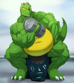 anthro biceps big_muscles big_penis biped claws clothing dumbbell erection exercise flexing front_view genitals holding_object huge_penis hyper hyper_genitalia hyper_penis kneeling looking_at_viewer male manly musclegut muscular muscular_anthro muscular_arms muscular_male penis pose relaxing simple_background solo spikes thick_penis thong underwear vein veiny_penis weightlifting weights workout yellow_eyes justmegabenewell askir dinosaur prehistoric_species reptile scalie hi_res