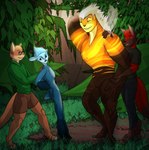 anthro blind_date eyewear glasses group hands_behind_head male male/male meeting pushing surprise uncertain darknesshaven mune:_guardian_of_the_moon blaze_wolf jesse_cat mune_(guardian_of_the_moon) sohone canid canine canis domestic_cat felid feline felis mammal wolf hi_res