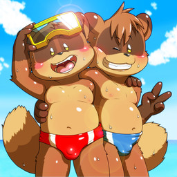 anthro belly blush bodily_fluids brown_body clothed clothing duo eyewear eyewear_on_head glasses goggles goggles_on_head holding_each_other kemono light looking_at_viewer male male/male navel nipples slightly_chubby slightly_chubby_male smile sunlight sweat tail underwear underwear_only young nakayan canid canine mammal raccoon_dog tanuki 1:1 hi_res brother_(lore) brothers_(lore) sibling_(lore)