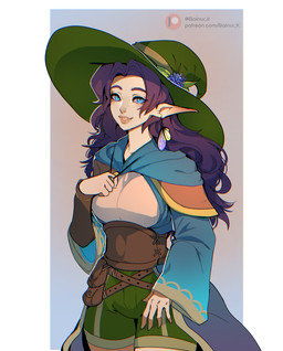 belt big_hat blue_eyes bottomwear breasts capelet clothing corset curvy_figure ear_piercing ear_ring female female_humanoid flower hair happy hat headgear headwear hourglass_figure humanoid_pointy_ears lingerie lips long_hair looking_at_viewer medium_breasts piercing plant pointy_ears purple_hair ring_piercing shorts simple_background slim small_waist smile smiling_at_viewer solo standing topwear white_body white_skin wide_hipped_female wide_hips witch_hat balnurk elf humanoid digital_media_(artwork) hi_res