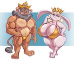 3_toes 4_fingers anthro big_breasts blonde_hair bra breasts briefs cleavage clothed clothing crown duo facial_hair feet female fingers fur grey_hair grey_mane hair headgear hindpaw huge_breasts humanoid_hands hyper hyper_breasts king male mane mature_anthro mature_female mature_male muscular muscular_anthro muscular_male mustache navel nipples panties paws pink_nose queen royalty smile tan_body tan_fur thick_thighs toes underwear white_body white_fur joelasko felid lagomorph leporid lion mammal pantherine rabbit 2023 hi_res