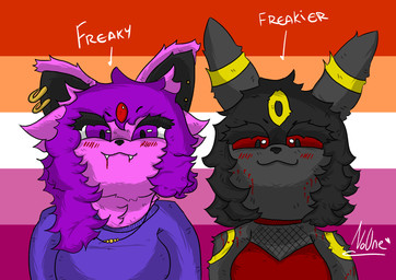 anthro bedroom_eyes bite bite_mark biting_lip blood blush bodily_fluids breasts duo female female/female lesbian_pride_colors lgbt_pride narrowed_eyes orange_lesbian_pride_colors pride_colors seductive noonearts nintendo pokemon fan_character eeveelution espeon generation_2_pokemon pokemon_(species) umbreon absurd_res hi_res