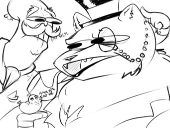anthro caressing clothed clothing dialogue ear_tuft eyebrows eyewear facial_hair fangs food group hat headgear headwear male meat monocle mustache open_mouth sausage shitpost smoke smoking smoking_pipe teeth text top_hat tuft velrizoth baron_von_bratwurst frank_ferdinand canid canine humanoid mammal 4:3 english_text meme monochrome