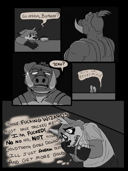 anthro dialogue front_view glint group looking_at_viewer male male_anthro nervous nervous_smile panicking poor speech_bubble text three-quarter_view tricked tusks white_eyes dungeonhound mammal suid suine sus_(pig) 3:4 absurd_res comic dark_theme digital_drawing_(artwork) digital_media_(artwork) english_text greyscale hi_res monochrome