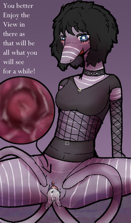 abstract_background alternative_fashion ambiguous_gender ambiguous_prey anthro anus armwear balls black_clothing black_hair blush bodily_fluids breasts cervix cervix_view clothing duo extreme_size_difference female first_person_view fishnet_armwear fishnet_clothing genital_fluids genitals goth hair internal micro neckwear purple_body purple_skin size_difference stripes tentacles text unbirthing vaginal vaginal_fluids vore vulva white_stripes teruni-inamor alien markuinette english_text