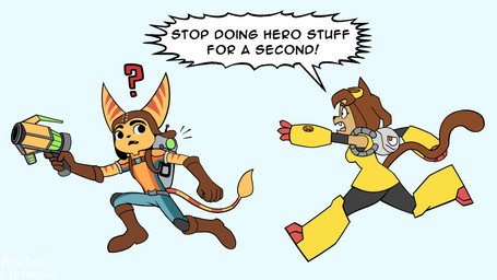 anthro belt boots breasts brown_body brown_fur brown_hair brown_tail clothed clothed_anthro clothed_female clothed_male clothing eyebrows eyelashes eyewear eyewear_on_head female footwear fur gloves goggles goggles_on_head green_eyes group gun hair handwear machine male male/female markings question_mark ranged_weapon ring_(marking) ringed_tail robotic_arm running shoes smile speech_bubble striped_markings striped_tail stripes tail tail_markings tail_tuft text tuft weapon weapon_arm yellow_body yellow_fur gameoverse glitch_productions ratchet_and_clank sony_corporation sony_interactive_entertainment clank_(ratchet_and_clank) kaboodle_(gameoverse) kit_bodega ratchet_(ratchet_and_clank) domestic_cat felid feline felis lombax mammal robot 16:9 crossover english_text hi_res widescreen