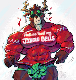 abs anthro barazoku big_muscles big_pecs bottomless bow_ribbon brown_body brown_fur christmas_clothing christmas_decorations christmas_lights christmas_sweater christmas_topwear clothed clothing covering_genitalia eyewear fur holidays looking_at_viewer male muscular muscular_anthro muscular_arms muscular_male navel pecs raised_clothing ribbons smile smirk solo sunglasses sweater text text_on_clothing topwear white_body white_fur its_coldpizza christmas epic_games fortnite dolph_(fortnite) deer mammal absurd_res english_text hi_res