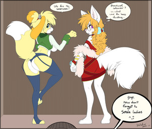 anthro barefoot black_nose blue_eyes blush breasts brown_body brown_fur brown_hair butt camera claws clothed clothing dialogue duo_focus eyewear feet female finger_claws footwear fur furgonomics glasses group hair looking_back open_mouth paws pink_nose plantigrade purple_eyes raised_leg raised_tail rear_view ribbons side_boob skimpy socks speech_bubble stirrup_socks tail tail_clothing teeth text thought_bubble toe_claws toes white_body white_fur mokabur animal_crossing nintendo isabelle_(animal_crossing) mishka_(quadra) canid canine canis domestic_cat domestic_dog felid feline felis mammal shih_tzu toy_dog 2016 english_text signature