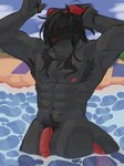 anthro armpit_hair balls barazoku beach black_body body_hair chest_hair genitals hair happy_trail horn long_hair machine male muscular muscular_male nipples pecs penis raised_arms simple_background solo tail tied_hair water wet jebedotpng shedah_(jebedotpng) protogen 3:4 hi_res