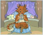 4_ears anthro biped blue_border border fur horn inside male multi_ear nude pillow sitting smile snow solo compass_(artist) guild_wars charr felid mammal