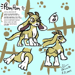 big_ears big_feet brown_eyes feet feral foot_fetish fur heel horn leg_markings long_ears markings paws quadruped socks_(marking) soles solo text white_markings yellow_body blizzate pompom_(blizzate) bovid caprine chimera goat hybrid lagomorph leporid mammal rabbit unknown_species 1:1 2025 character_name dated digital_media_(artwork) english_text model_sheet