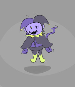 bodily_fluids clothing fist floating grey_background male not_furry open_mouth open_smile purple_body purple_skin shaking simple_background smile solo sweat yellow_eyes scaboomba deltarune undertale_(series) jevil_(deltarune) darkner humanoid imp mammal 2018 hi_res