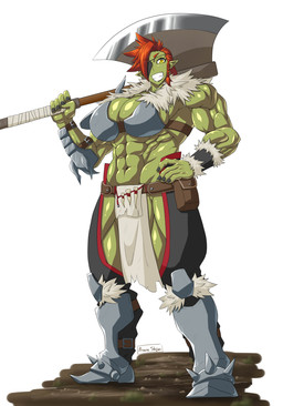 abs armor axe battle_axe biceps big_breasts bottomwear breasts clothing deltoids eye_patch eyewear female grin hair holding_object holding_weapon humanoid_pointy_ears loincloth melee_weapon muscular muscular_female muscular_humanoid not_furry orange_hair pointy_ears quads simple_background smile solo weapon weapon_on_shoulder white_background yellow_eyes shijimi432 humanoid orc 2019 absurd_res hi_res