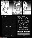 2018 anthro canid canine canis clothing collar comic computer computer_screen duo ear_piercing ear_ring electronics english_text female fur giraffe giraffid hair hi_res horn hybrid if_hell_had_a_taste jackal laptop male mammal markings mona_l'arc monochrome open_mouth piercing ponytail ring_piercing scales scar shirt skylar_fidchell sound_effects spots spotted_body spotted_fur text topwear url viroveteruscy